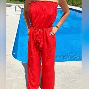 Elegant Red Strapless Jumpsuit
